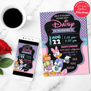 Daisy Duck Birthday Invitation Customizable Template to Print at Home Instant Download