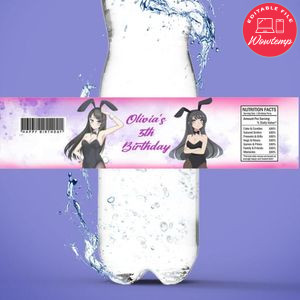 Bunny girl Bottle Label Birthday Water Bottle Label Template to Print at Home Instant Download