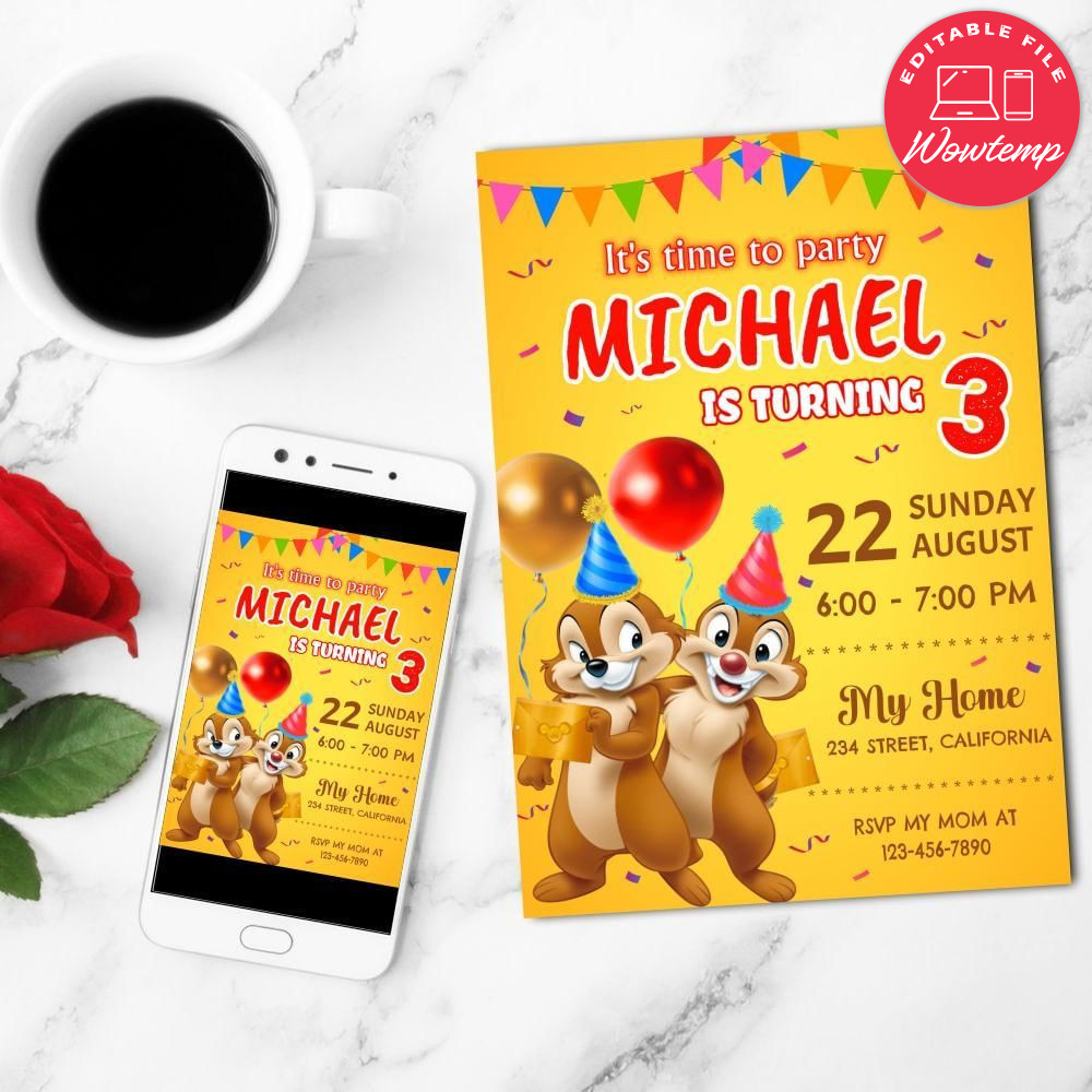Chip and Dale Birthday Flyer Customizable Template to Print at Home Instant Download