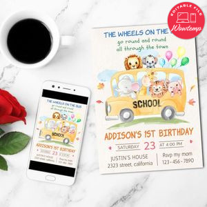 School Bus Animals Mobile Invite Customizable Template Instant Download