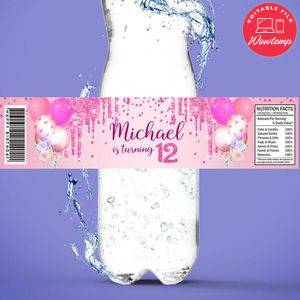 Shades of pink Birthday Water Bottle Label Template to Print at Home Instant Download