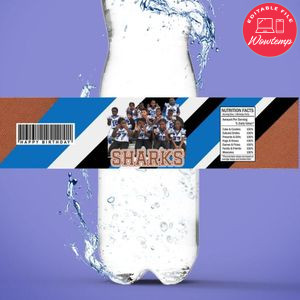 Sharks team Birthday Water Bottle Label Template to Print at Home Instant Download