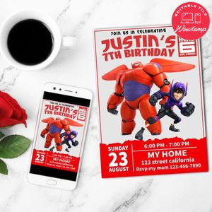 Baymax Birthday Invitation Customizable Template to Print at Home Instant Download