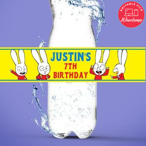 Simon The Rabbit Birthday Water Bottle Label Template to Print at Home Instant Download