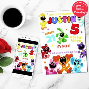 Smiling critters Invitation Customizable Template to Print at Home Instant Download