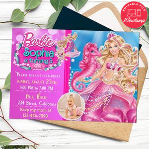 Sirena barbie Birthday Invitation with Photo Customizable Template to Print at Home Instant Download