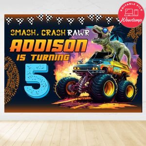 T Rex Dinosaur Monster Truck Birthday Backdrop Digital File Template Instant Download