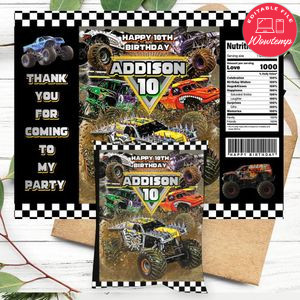 Monster Truck Birthday Party Chip Bag Digital File Printable Instant Download