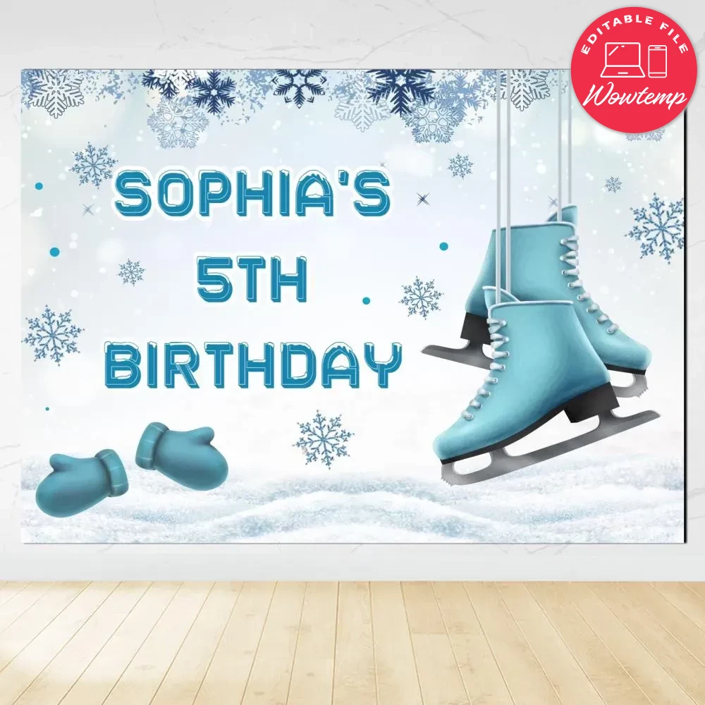 Ice Skating Birthday Backdrop Digital File Template | Wowtemp