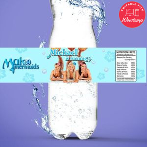Mako mermaid Birthday Water Bottle Label Template to Print at Home Instant Download