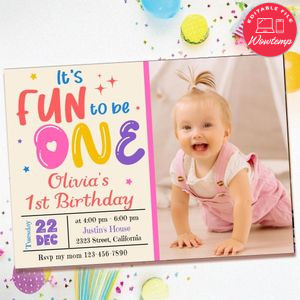 It's fun to be one Birthday Invitation with Photo Customizable Template to Print at Home Instant Download