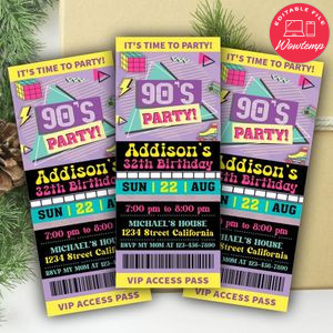90's Ticket Invitation Customizable Template Instant Download