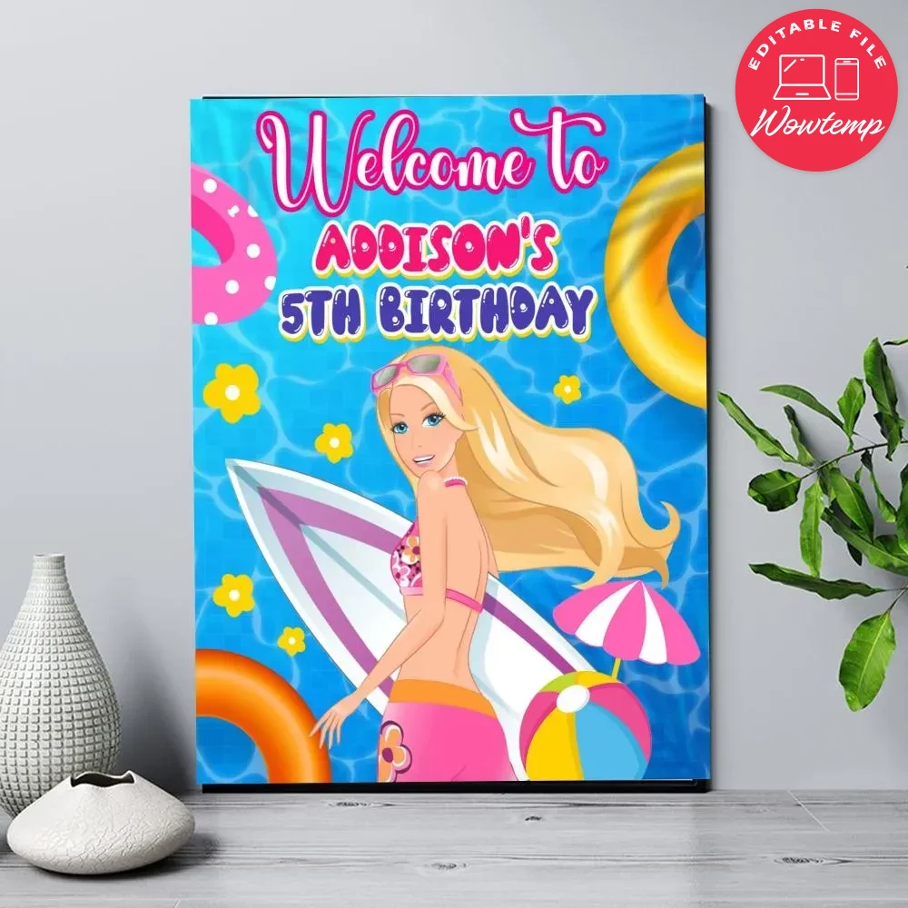 Barbie Pool Birthday Welcome Sign Digital File Printable DIY | Wowtemp