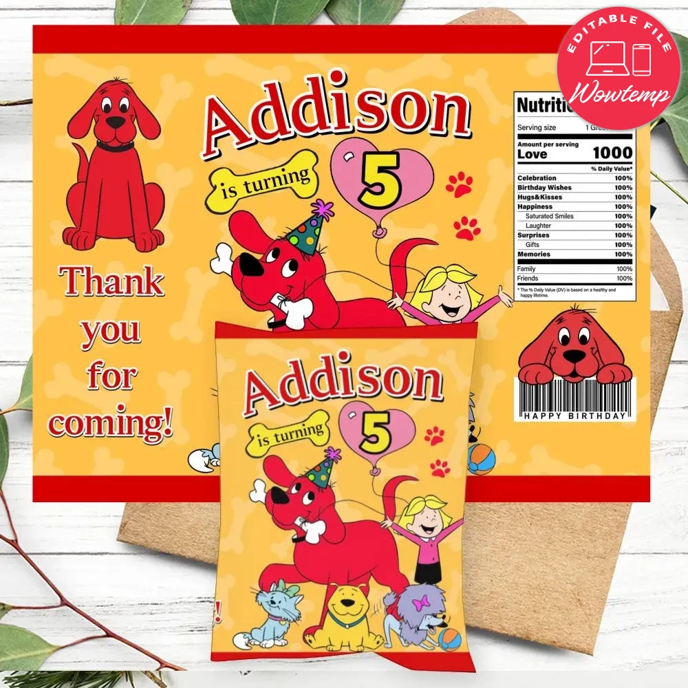 Clifford Birthday Party Chip Bag Digital File DIY | Wowtemp