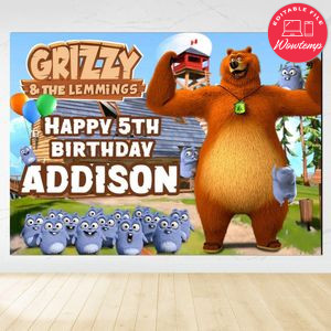 Grizzy and the lemmings Birthday Backdrop Digital File Template Instant Download