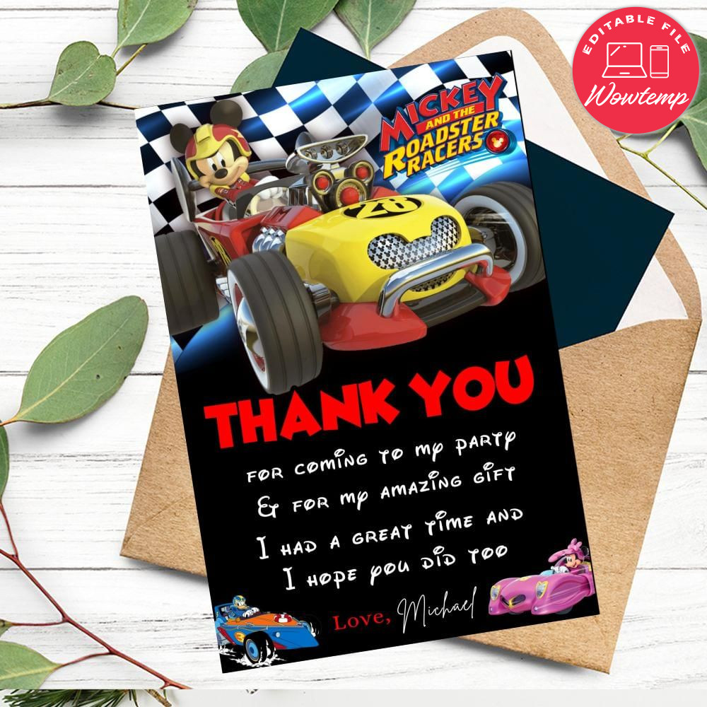 Mickey Roadster Racers Thank You Card Customizable Template DIY | Wowtemp