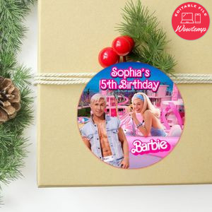 Barbie Movie Circle Sticker Template Customizable to Print at Home Instant Download