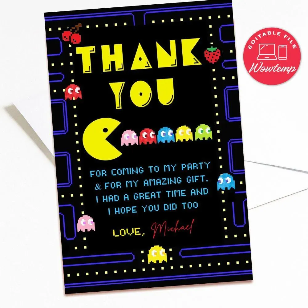Pacman Thank You Card Customizable Template DIY | Wowtemp