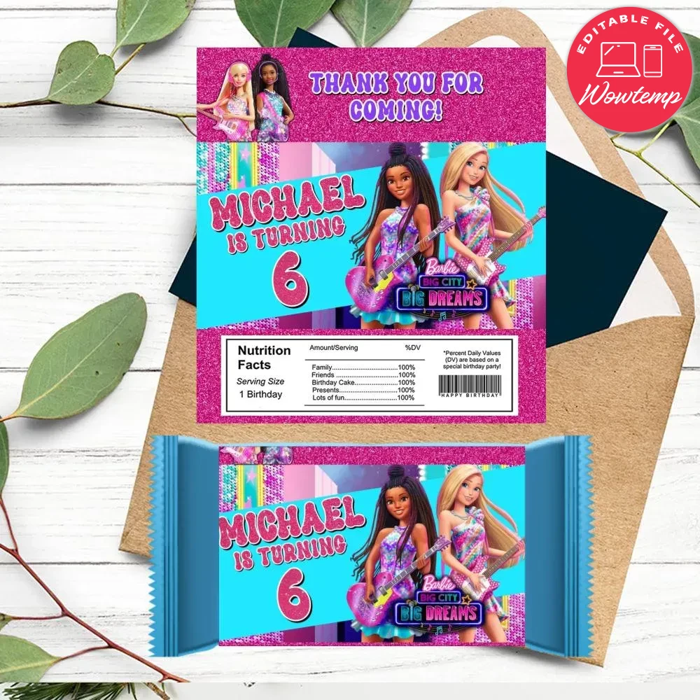 Barbie Big City Candy bar Label Customizable Template DIY | Wowtemp