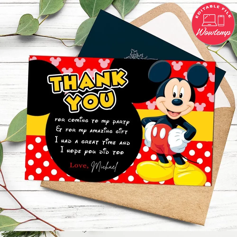 Mickey Mouse Thank You Card Customizable Template DIY | Wowtemp