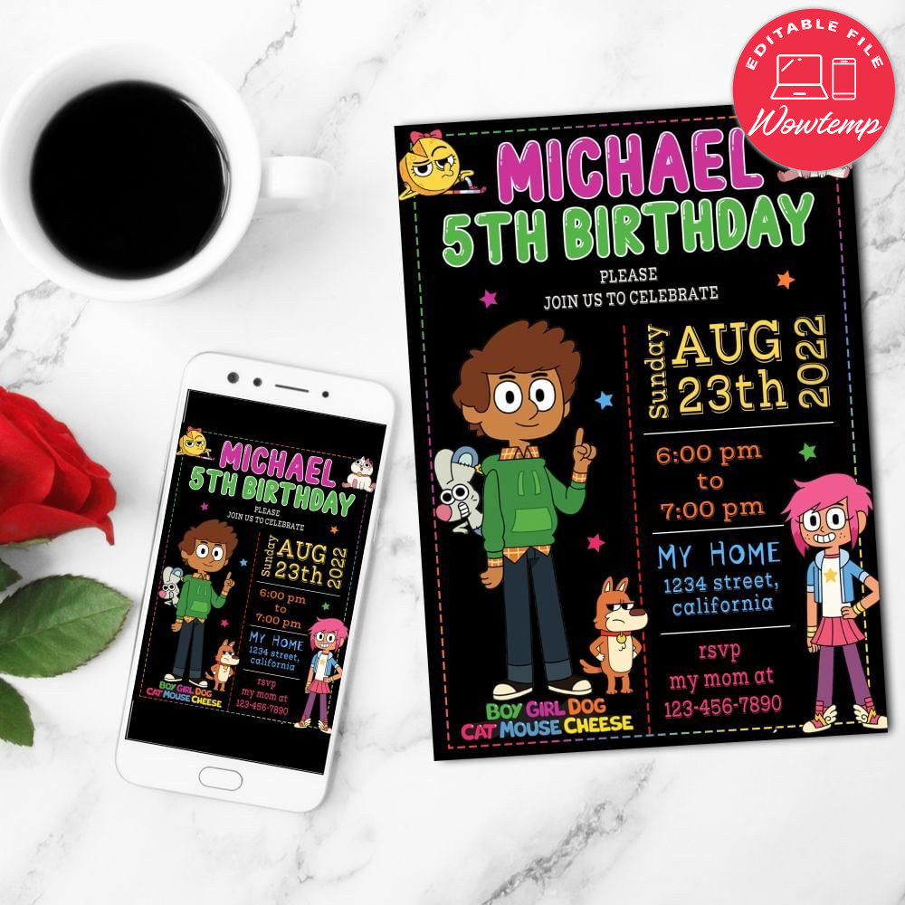 Boy girl dog mouse cheese Birthday Flyer Customizable Template to Print at Home Instant Download