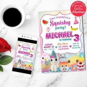Squishy Party Mobile Invite Customizable Template Instant Download