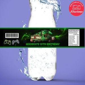 Gametruck Birthday Water Bottle Label Template to Print at Home Instant Download