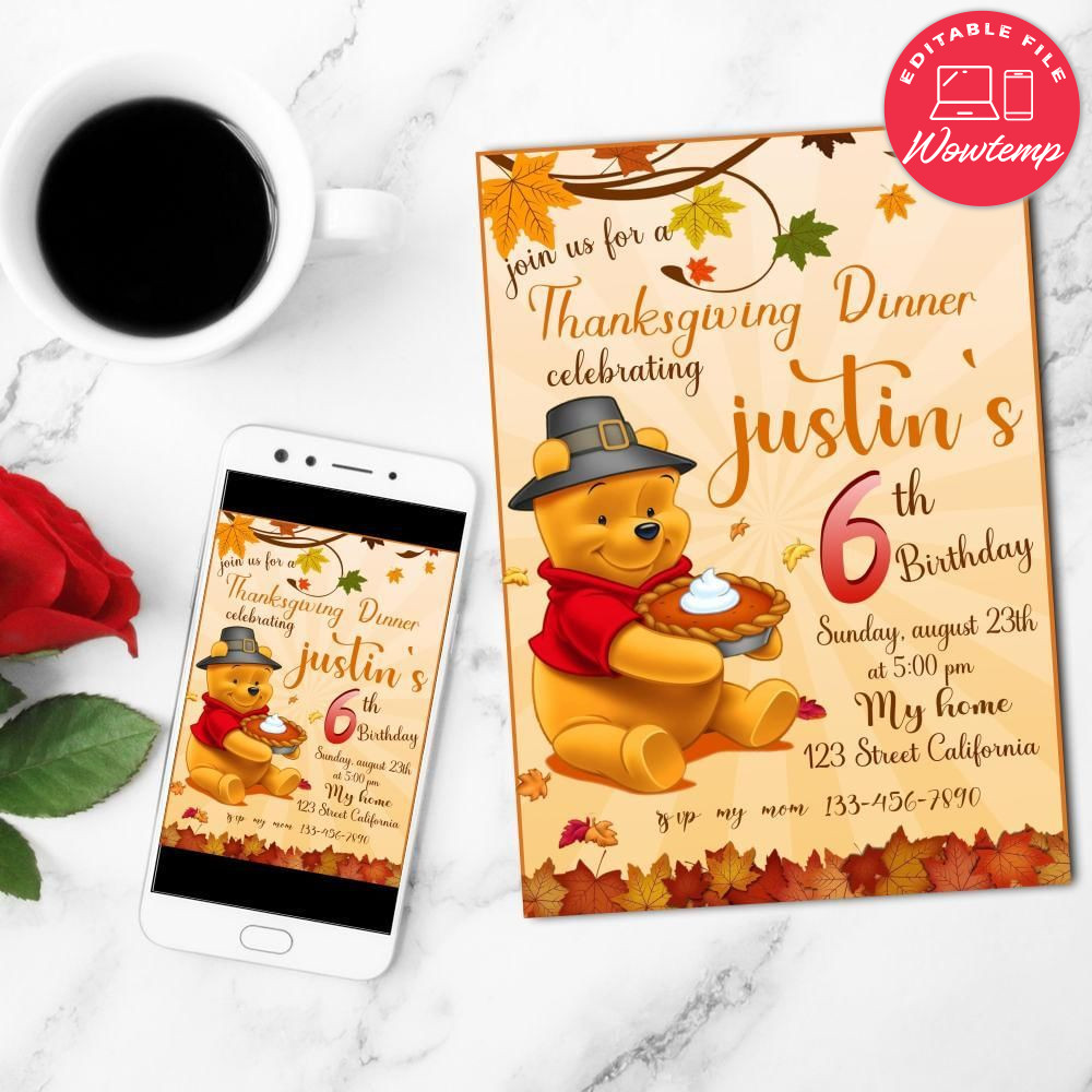 Winnie The Pooh Thanksgiving Birthday Flyer Customizable Template to Print at Home Instant Download