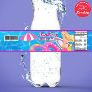 Barbie Pool Party Birthday Water Bottle Label Template to Print at Home Instant Download