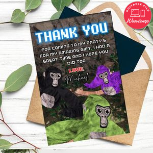 Gorilla Tag Thank You Card Customizable Template To Print At Home Instant Download
