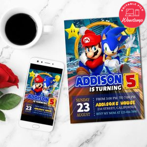 Super Mario Sonic Birthday Invitation Customizable Template to Print at Home Instant Download