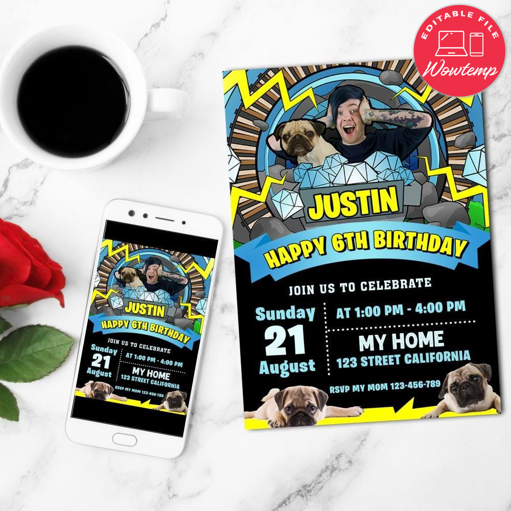 Dantdm And Pug Birthday Flyer Customizable Template to Print at Home Instant Download