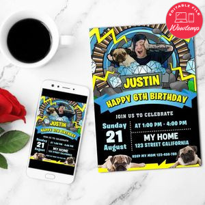 Dantdm And Pug Birthday Flyer Customizable Template to Print at Home Instant Download