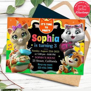 44 cats Birthday Invitation Customizable Template to Print at Home Instant Download