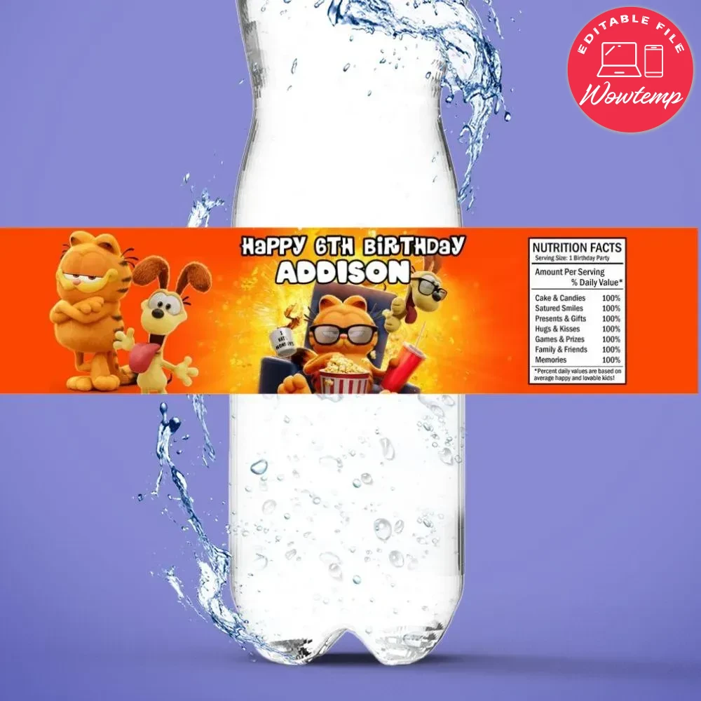 Garfield Birthday Water Bottle Label Template | Wowtemp