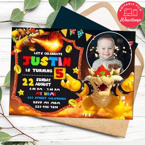 Bowser Birthday Invitation with Photo Customizable Template to Print at Home Instant Download