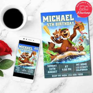 Yogi bear Birthday Flyer Customizable Template to Print at Home Instant Download