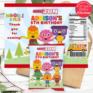 Noodle & Pals Birthday Honey Buns Snack Bag Label Customizable Instant Download