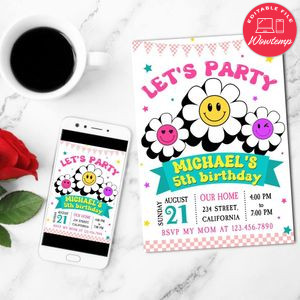 Smiley Flower Mobile Invite Customizable Template Instant Download