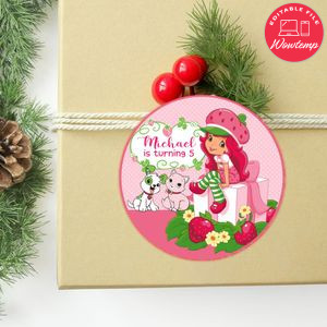 Strawberry Shortcake Circle Sticker Template Customizable to Print at Home Instant Download
