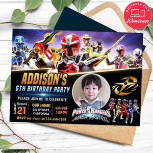 Power ranger ninja steel Birthday Invitation with Photo Customizable Template to Print at Home Instant Download