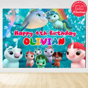 Not Quite Narwhal Birthday Backdrop Digital File Template Instant Download