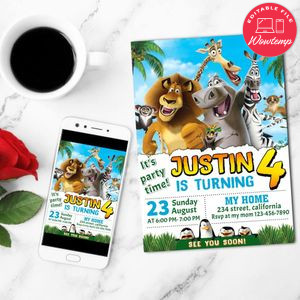 Madagascar Birthday Mobile Invite Customizable Template Instant Download