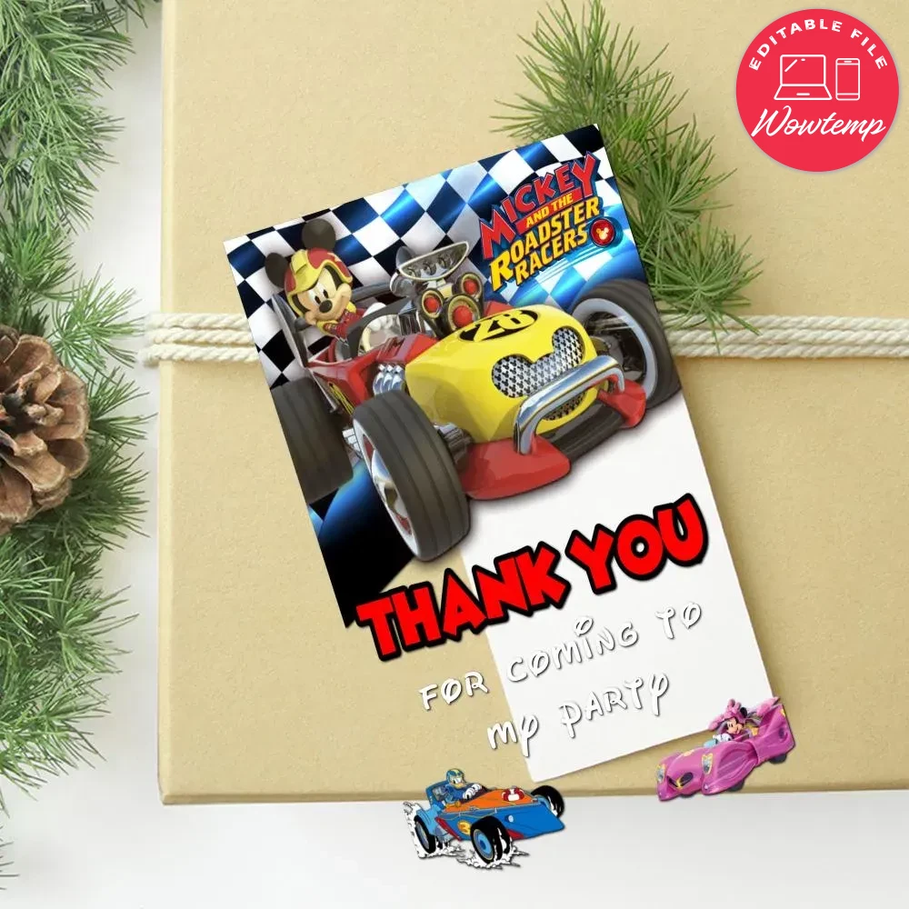 Mickey Roadster Racers Thank You Tag Customizable Template | Wowtemp
