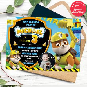Rubble paw patrol Birthday Invitation with photo Customizable Template to Print at Home Instant Download
