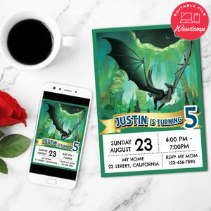 Wings of Fire Moonwatcher Green Invitation Customizable Template to Print at Home Instant Download