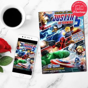 Lego Marvel Super Heroes Birthday Mobile Invite Customizable Template Instant Download