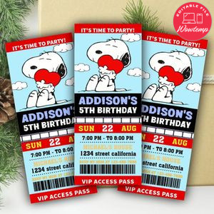 Snoopy Ticket Invitation Customizable Template Instant Download