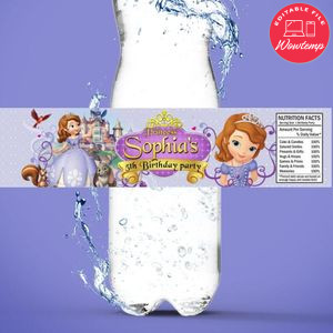 Princess Sofia Bottle Label Birthday Water Bottle Label Template to Print at Home Instant Download