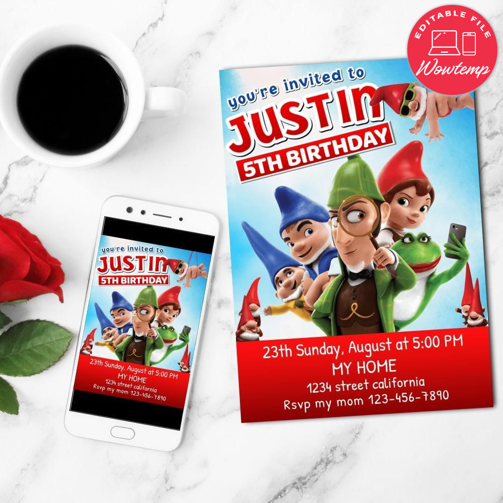Gnomeo & Juliet 2 Birthday Flyer Customizable Template to Print at Home Instant Download